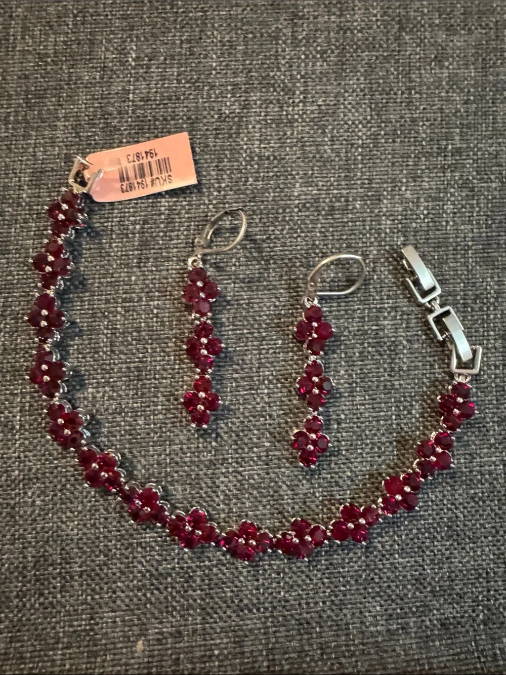 Silver Floral Ruby-Red Bracelet and Earrings Set